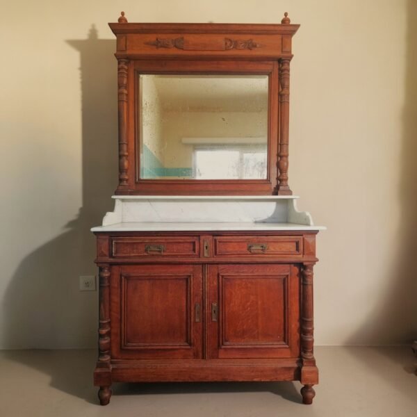 Prachtige originele antieke waskast met marmeren blad en spiegel (±1900)