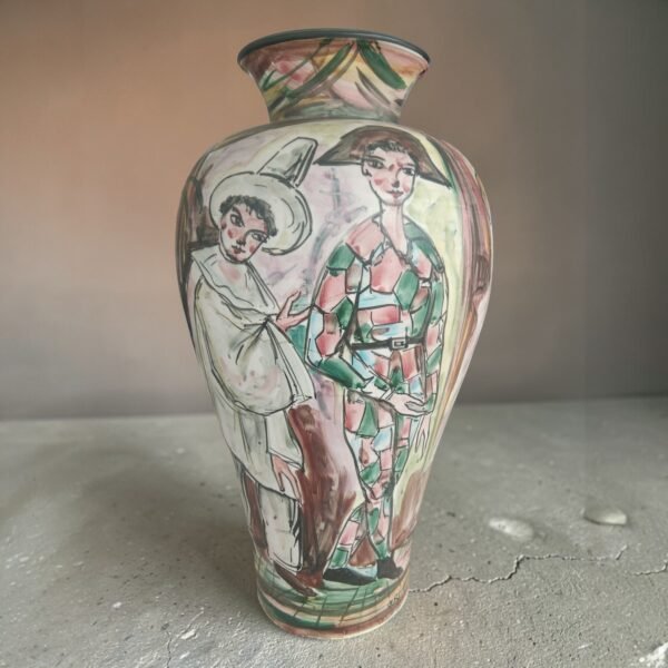 Jacqueline Verdini – Handbeschilderde studio kunstvaas met figuren, ca. 1960